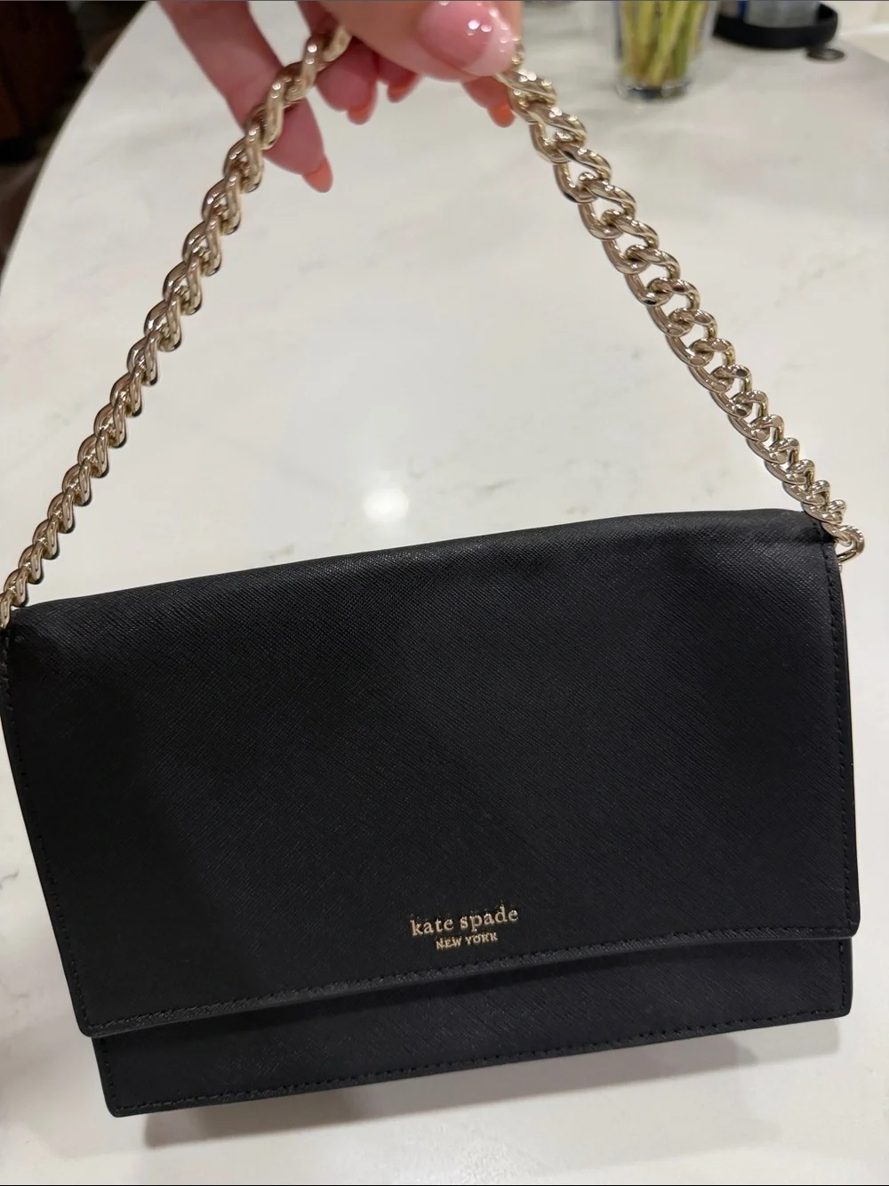 kate spade Black Saffiano Crossbody Bag or over the shoulder Gold Chain